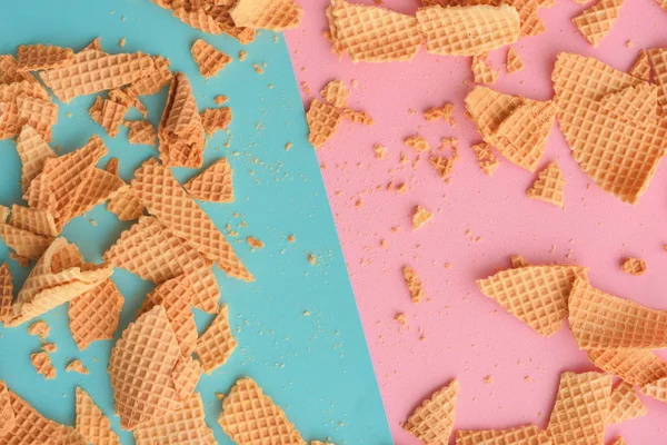 Crushed Ice Cream Waffle Cones Pastel Pink Blue Background Top — Stock Photo, Image