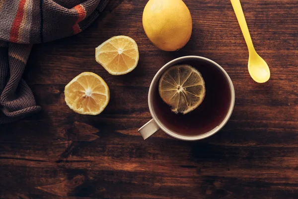 Cup Tea Fresh Lemon Top View Table Hot Beverage Nostalgic — Stock Photo, Image