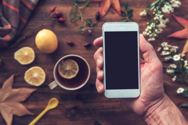 El alay etmek yukarıya sonbahar sezonu dekorasyonu, genel gider hareket eden telefon ile boş ekran görünümünü ile Smartphone