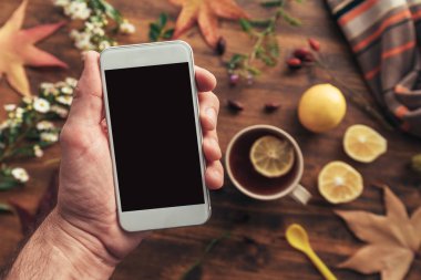 El alay etmek yukarıya sonbahar sezonu dekorasyonu, genel gider hareket eden telefon ile boş ekran görünümünü ile Smartphone