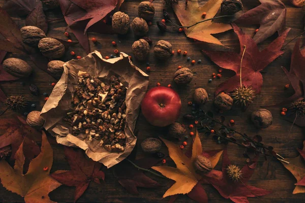 Autumn Fruit Apple Walnuts Top View Rustic Retro Toned Image — Stock Photo, Image