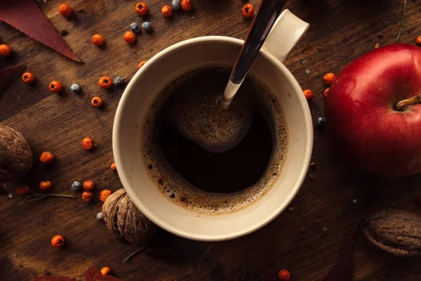 Heißes Kaffeetrinken Für Kalte Herbsttage Flache Kaffeetasse Von Oben Auf — Stockfoto
