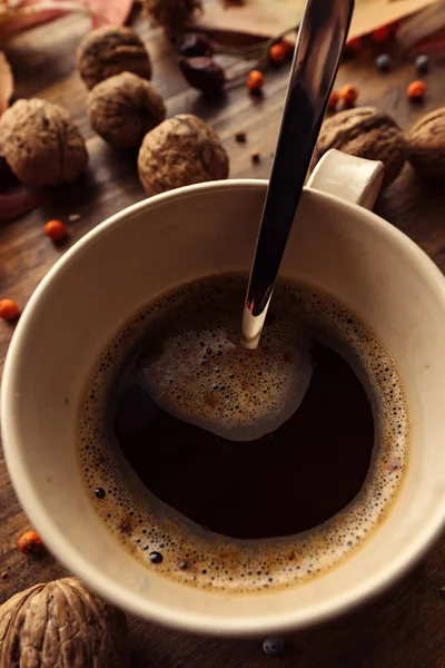 Heißes Kaffeetrinken Für Kalte Herbsttage Flache Kaffeetasse Von Oben Auf — Stockfoto