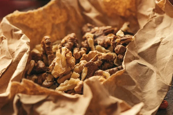 Walnut Kernels Wrapped Paper Macro Close Selective Focus — Stock Photo, Image