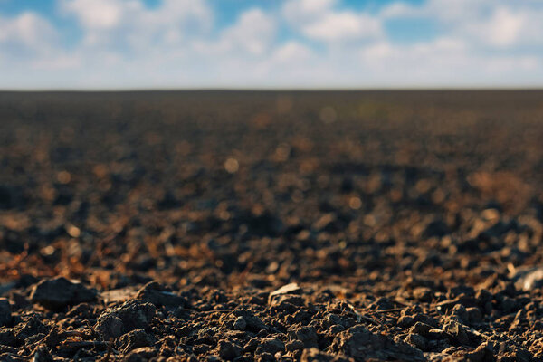 Close up of arable land soil recently ploughed for new season, selective focus with shallow depth of field with plenty of blurred copy space