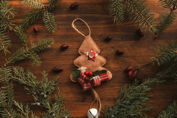 Christmas Tree Burlap Decoration Flat Lay Top View — Stock Photo, Image