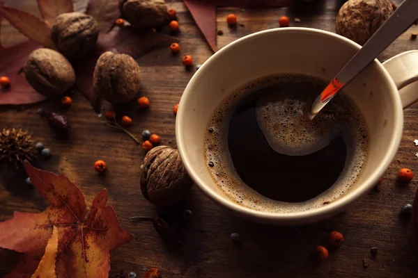 Heißes Kaffeetrinken Für Kalte Herbsttage Flache Kaffeetasse Von Oben Auf — Stockfoto