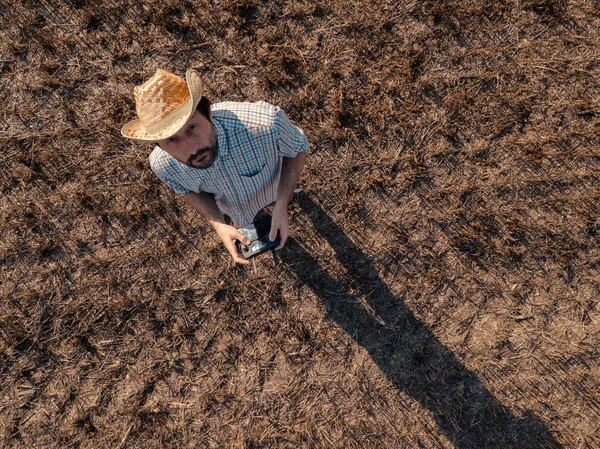 夏夕日小麦無精ひげ分野でリモコンでドローンを飛んでいる男性の農夫の平面図 — ストック写真