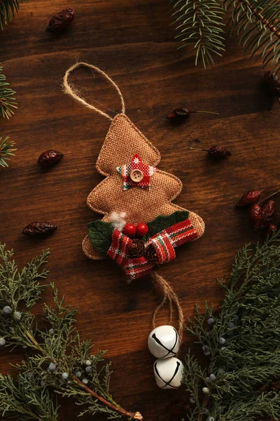 Vánoční Stromeček Pytlovina Dekorace Bytu Ležely Pohled Shora — Stock fotografie