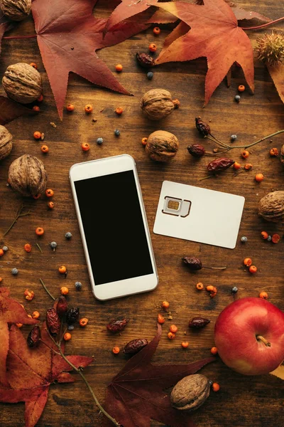 Modern Smartphone Sim Card Autumn Decoration Flat Lay Top View — Stock Photo, Image