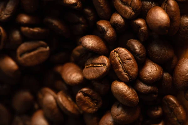 Kavrulmuş Kahverengi Kahve Çekirdekleri Yakın Çekim Seçici Odak Ile — Stok fotoğraf