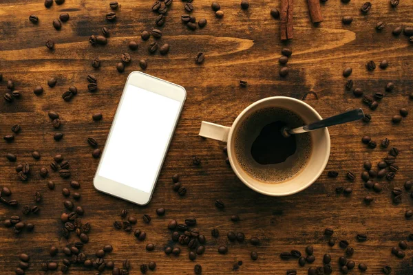 Makieta Smartphone Widok Góry Filiżanka Kawy Rustykalnym Stylu Retro Stonowanych — Zdjęcie stockowe