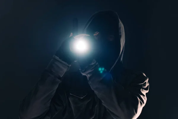 Armed Burglar Intruder Flashlight Torch Night Low Key Selective Focus — Stock Photo, Image