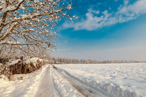 Paesaggio Idilliaco Campagna Invernale Con Strada Coperta Neve Nella Luminosa — Foto Stock
