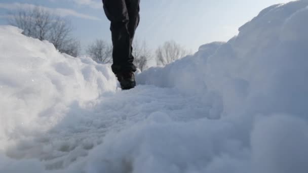 Man Walking Deep Snow Outdoors Nature Wintertime Recreational Hiking Pursuit — Stock Video