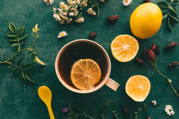 Роза Бедро Травяной Чай Плоский Лежа Вид Сверху Ломтиком Лимона — стоковое фото