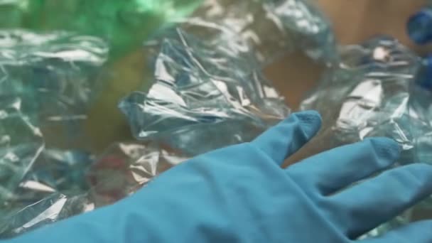 Werknemer Sorteren Van Plastic Flessen Voor Recycling — Stockvideo
