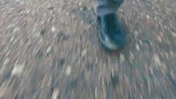 Close Feet Running Asphalt Road Concept Running Away Being Chased — Stock Video