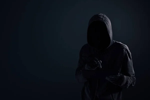 Hooded Computer Hacker Obscured Face Using Digital Tablet Cybercrime Cybersecurity — Stock Photo, Image