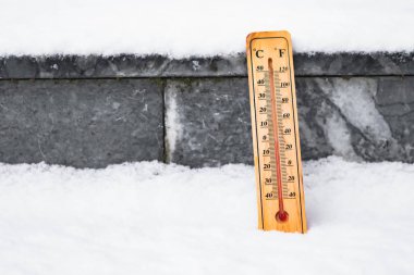 Sıfır derece santigrat üzerinde karda termometre ölçek