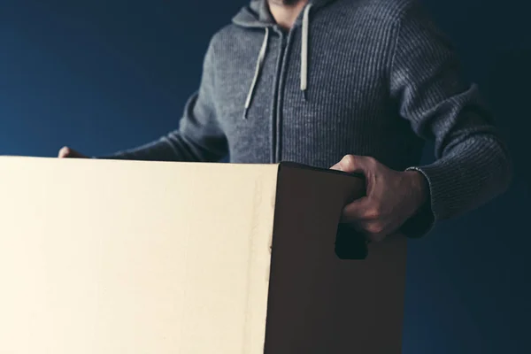 Packing Moving Home Man Holding Large Cardboard Box — Stock Photo, Image