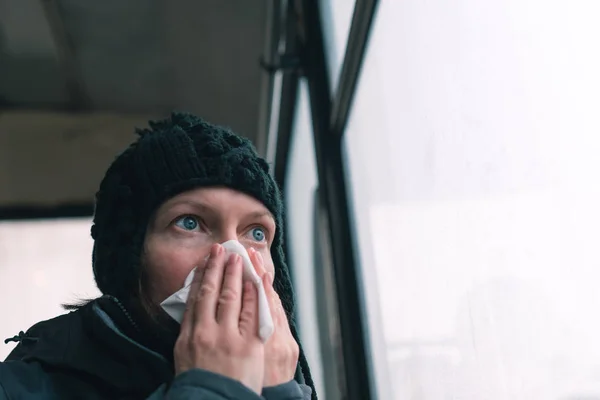 Woman Blowing Her Nose Paper Handkerchief Bus Cold Winter Day — Stock Photo, Image