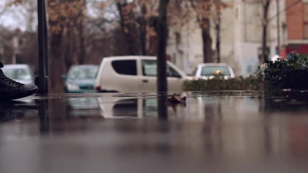 Walking Rain Puddle Low Angle View Male Feet Boots Stepping — 图库视频影像