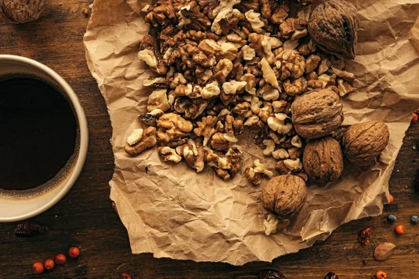 Top View Coffee Cup Walnuts Table Morning — Stock Photo, Image