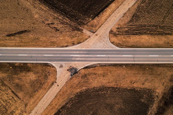 Légi Felvétel Vidéki Tájon Üres Road Absztrakt Felülnézet Drone Pov — Stock Fotó