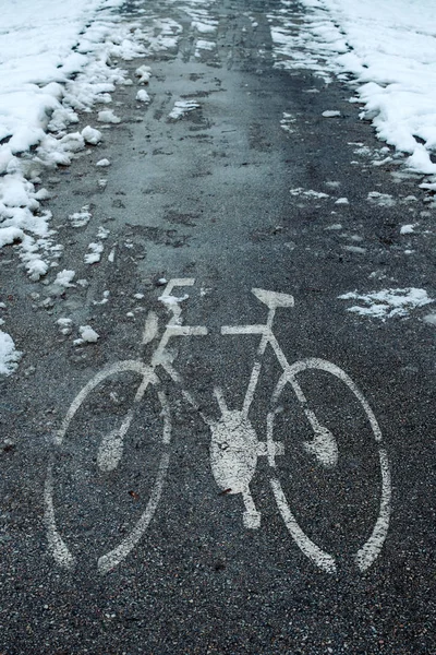 Знак Велосипедной Дорожки Снегу Холодным Зимним Днем — стоковое фото