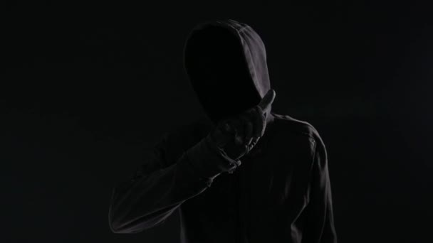 Hooded Maniac Finger Lips Gesturing Shh Sign Silence Victim Violent — Stock Video