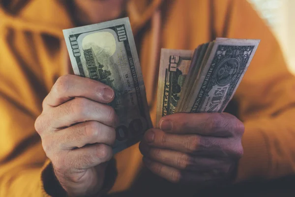 Casual Man Counting American Dollar Banknotes Close Hands Money — Stock Photo, Image