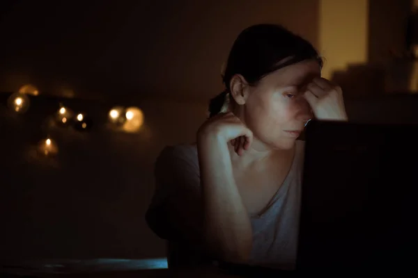 Tired Woman Working Overtime Laptop Computer Night Her Home Office — Stock Photo, Image