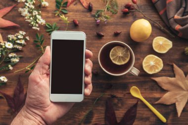 El alay etmek yukarıya sonbahar sezonu dekorasyonu, genel gider hareket eden telefon ile boş ekran görünümünü ile Smartphone