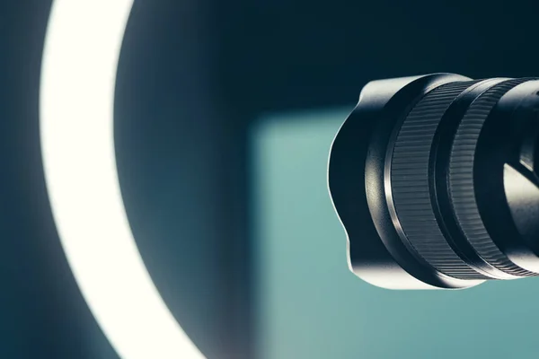 Camera Lens Led Ring Light Studio Photo Video Production Conceptual — Stock Photo, Image