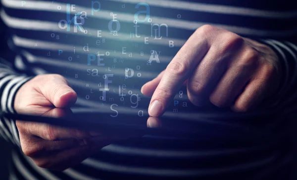 Electronic Communication Concept Hands Woman Using Tablet Computer Type Mail — Stock Photo, Image