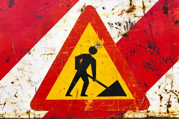 Road Works Warning Sign Weathered Damaged Surface — Stock Photo, Image
