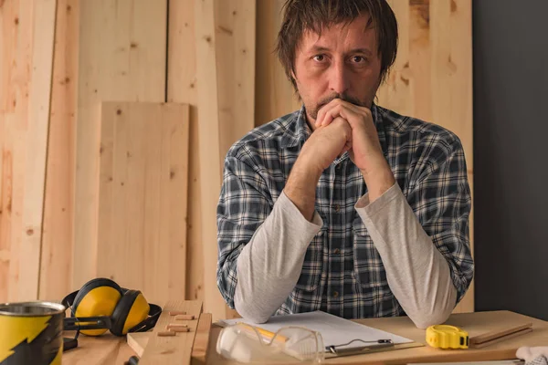 Carpenter Posing Looking Camera Woodwork Workshop Interior — Stock Photo, Image