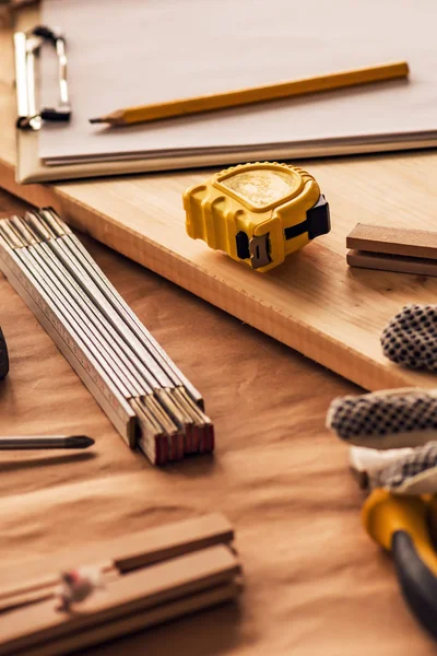 Various Tools Carpentry Woodwork Workshop Desk Selective Focus Shallow Depth — Stock Photo, Image