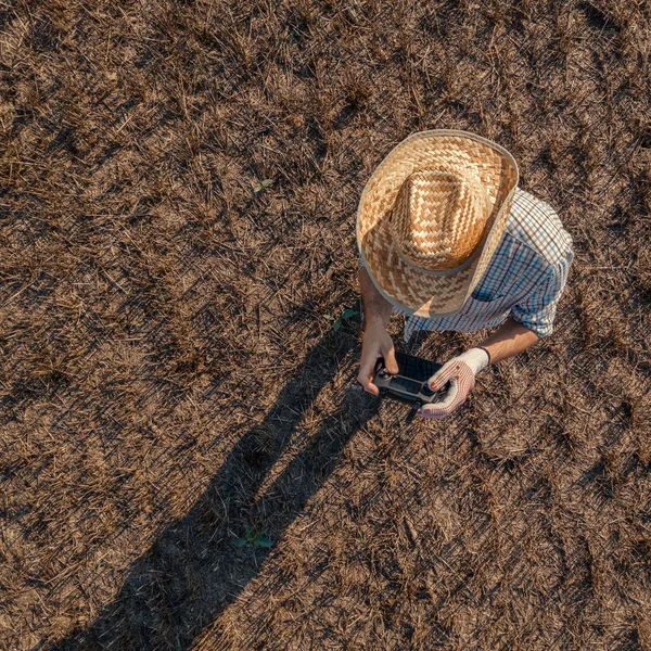 フィールドでドローンを飛んでいる男性の農夫の平面図 — ストック写真