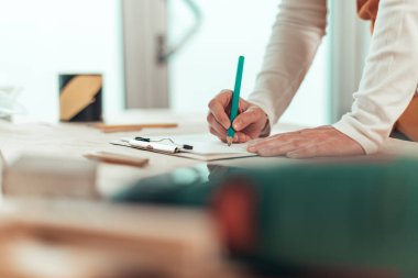 Kendi kendine çalışan kadın marangoz Project notları yazma