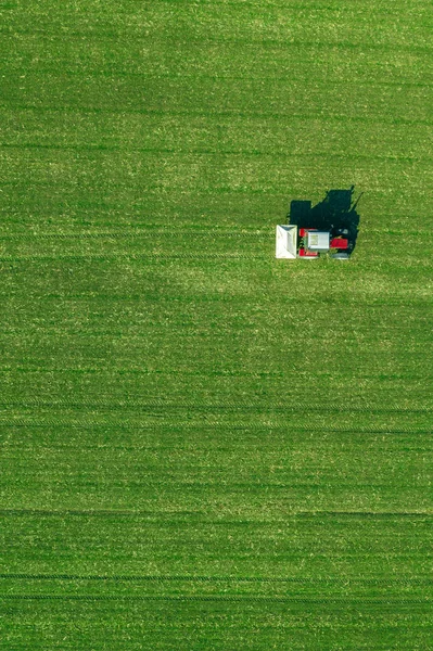 Jordbrukstraktor gödsling vete gröda fält med Npk — Stockfoto