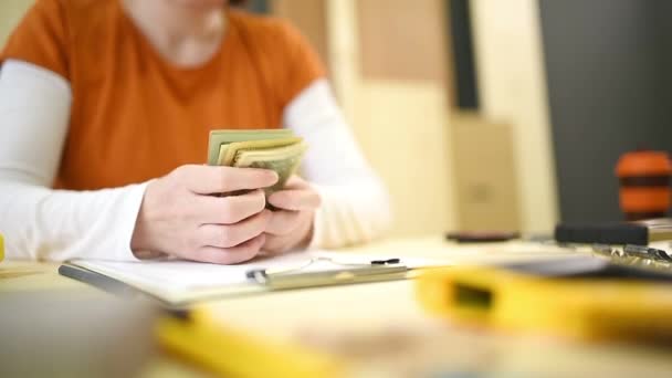 Female Carpenter Counting Money Hands Holding Dollar Paper Currency — Stock Video