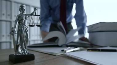 Avukat hukuk kitabını Office, seçici odak sayfaları heykelin Bayan adalet üzerine saygısız