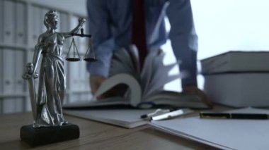 Avukat hukuk kitabını Office, seçici odak sayfaları heykelin Bayan adalet üzerine saygısız