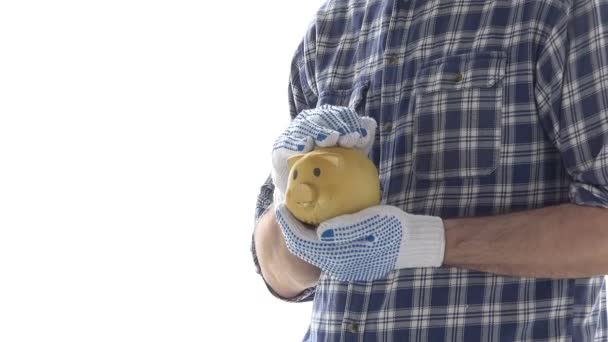 Farmer Cuddles Piggy Coin Bank Footage Male Agronomist Isolated White — Stock Video