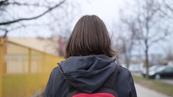 Vista Trasera Una Mujer Caucásica Adulta Casual Caminando Por Calle — Vídeo de stock