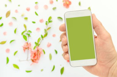Cep telefonu bahar dekorasyonu ile erkek elinde sahte