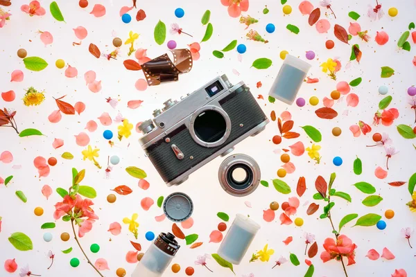 Vintage filmcamera plat leggen met florale decoratie — Stockfoto