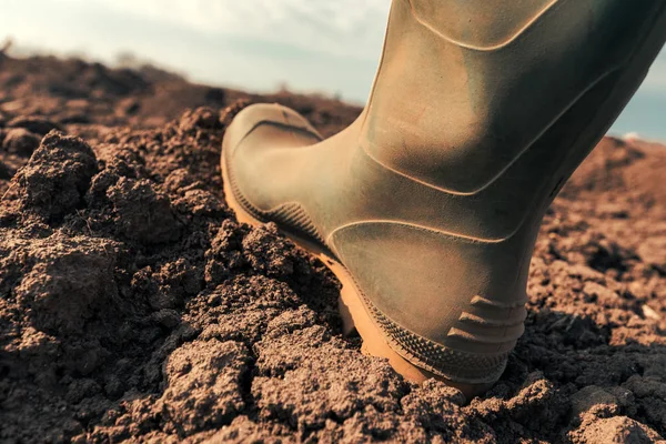 Agricultor em wellington botas de borracha fazendo o primeiro passo no campo — Fotografia de Stock